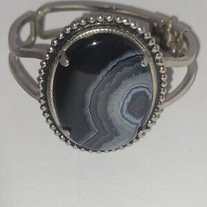 Silver-Tone Cuff Bracelet with Black and Gray Banded Agate